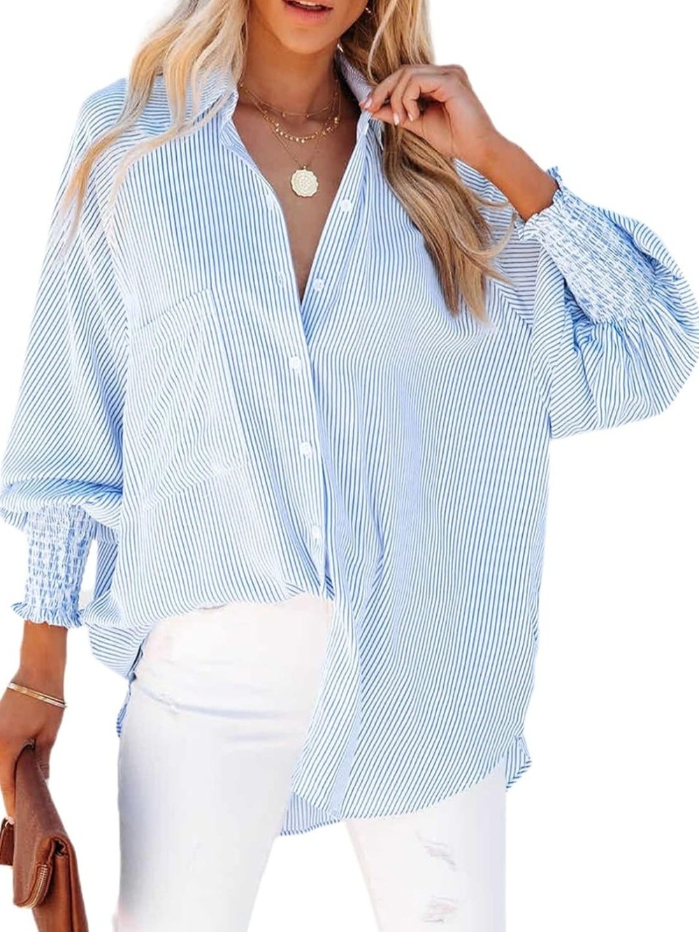 Light Blue Striped Button-Up Shirt - Relaxed Women’s Top